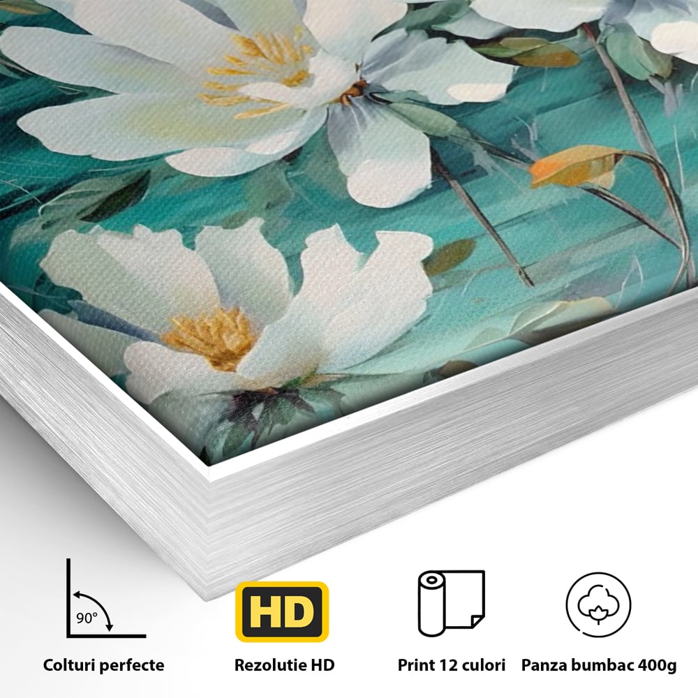 Detaliu al suprafetei: tablou canvas cu flori albe pictate, in rama de aluminiu argintiu